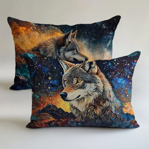 Outdoor Kissen Bunt Kissenbezug 60x80cm Wolf Kissenbezüge Wetterfest Leinen Dekokissen 2er Set, Doppelseitig Gedruckt mit Reißverschluss für Terrasse Sofakissen Zierkissen Herbstdekoration L-L85