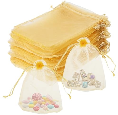 Nogeqi 100 Stück Gold Organzasäckchen 13x18 Organza Säckchen mit Kordelzug Gaze Säckchen Tüten für Süßigkeiten Wiederverwendbare für Lavendel Hochzeit Party-Deko