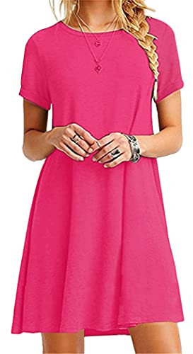 OMZIN Donna Abito Allentato Allentato in Tinta Unita Taglie Forti Abito Svasato Manica Corta Allentato Casual Fucsia S