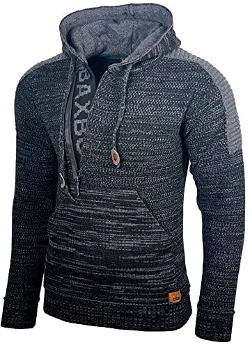 Baxboy Herren Strick-Pullover Kapuzenpullover Moderne Männer Pulli Grobstrick Strickjacke Winter-Freizeit-Jacke B-290, Farbe:Schwarz, Größe:2XL