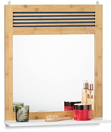 Relaxdays Badspiegel mit Ablage, verzierter Wandspiegel, Bambus Badezimmerspiegel HBT: 61 x 53 x 15 cm, natur weiß Standard