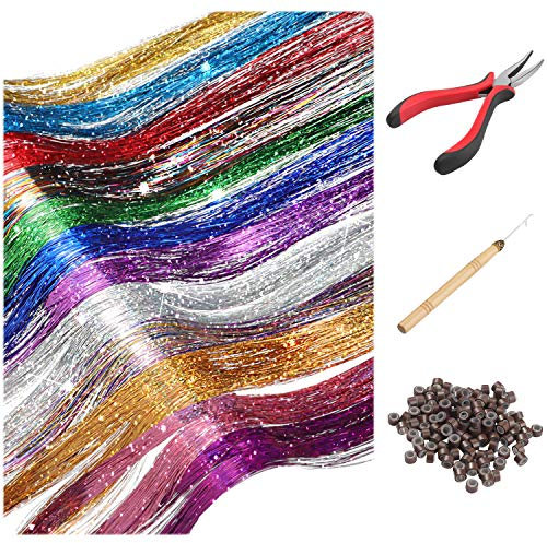 Haar Lametta Stränge Kit, Lametta Haar Verlängerung, Halloween Weihnachten Haarschmuck Dekoration mit Werkzeug, Silikon Link Ringe Perlen, 12 Farben, 2400 Stränge