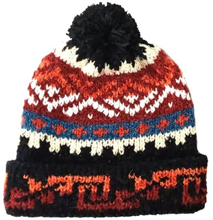 TINKUY Peru Alpaka Wolle Winter Beanie Handgemachte Bommelmütze Unisex Einheitsgröße, Schwarz, Einheitsgröße