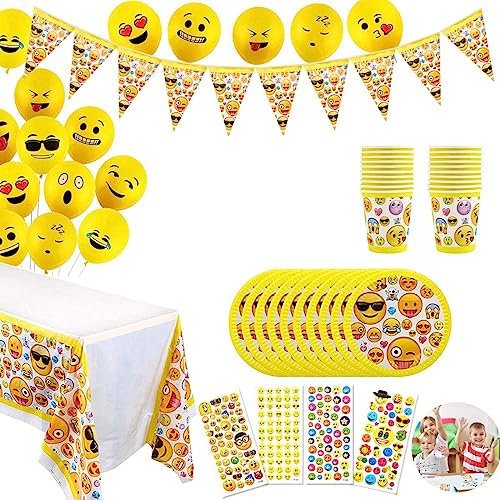 YuChiSX Emoji Party Set für Kindergeburtstag Partydekoration Emoji Geburtstagsfeier Zubehör - Pappteller, Banner, Becher/Tassen, Partytüten, Aufkleber & Tischdecken Smiley, Emoticon Partyset
