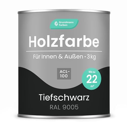 Grundmann Holzfarbe ACL 100 - Holzlack 3 Kg Schwarz - 4in1 inkl. Grundierung - Seidenmatt - Wetterfest für Innen und Außen - RAL 9005 Tiefschwarz