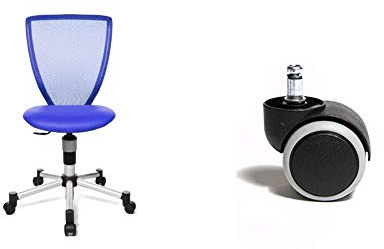 Topstar 71487S18 Titan Junior, Schreibtischstuhl, blau & 6991 Rollenset, Hartbodenrollen für Bürostuhl, Rollenset = 5 Rollen für Schreibtischstuhl, schwarz, Stiftgröße 10mm, Durchmesser 50mm