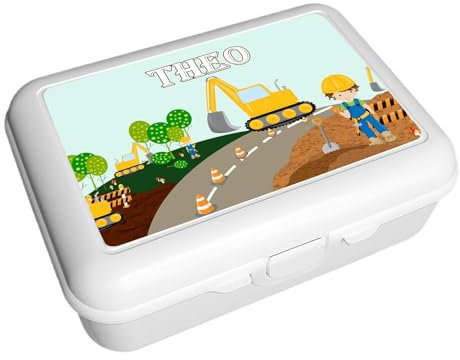 CreaDesign, Kinder Brotdose, Lunchbox, Vesperbox weiß mit Fächern Einsatz, ideal für Kita, Kindergarten und Schule, Bagger, 13,9 x 19 x 7 cm, Volumen 1 Liter