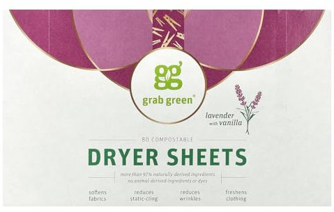 Grab Green Hojas para secadora, 80 hojas, aroma a lavanda y vainilla, a base de plantas y minerales, compostables, suaviza las telas, reduce la adherencia estática y las arrugas