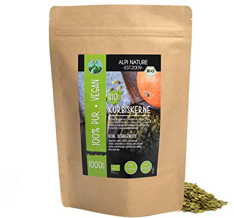 Alpi Nature Semi di Zucca BIO 1kg, Semi di Zucca Sgusciati Crudi da Mangiare, Senza Glutine