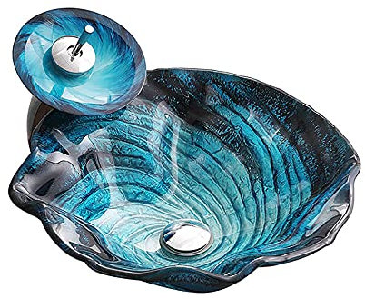 SXLSZ GEH?rtetes Glas Waschbecken, Aufsatzwaschbecken Glas Aufsatz Waschschale Blau Irregul?r Waschschale Waschtisch Set mit Ablaufwasser Set, Wasserfall Wasserhahn, Montagering, 470×470×160mm