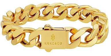 KRKC&CO 12mm Cuban Armband für Herren, 18K Gold Beschichtet Panzerkette, Kubanische Gliederarmband, Edelstahl Hip Hop Schmuck für Jungen, 19cm