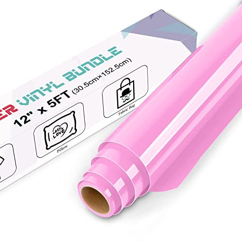 IModeur Pink Heat Transfer Vinyl — 30.5 x 152.5 cm(12'' x 5 Ft) Iron on Vinyl for Fabric, PET Backing Pink Vinyl for T-Shirts, Clothes, Hats, Bags and Other Textiles, HTV Vinyl Roll Easy to Weed