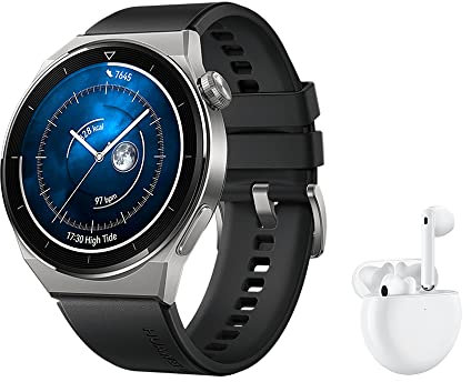 HUAWEI Watch GT 3 Pro Smartwatch,Cuerpo de Titanio,Esfera de Zafiro,monitorización de saturación de oxígeno&frecuencia cardíaca,Larga duración de la batería,Negro+freebuds 4 Blanco