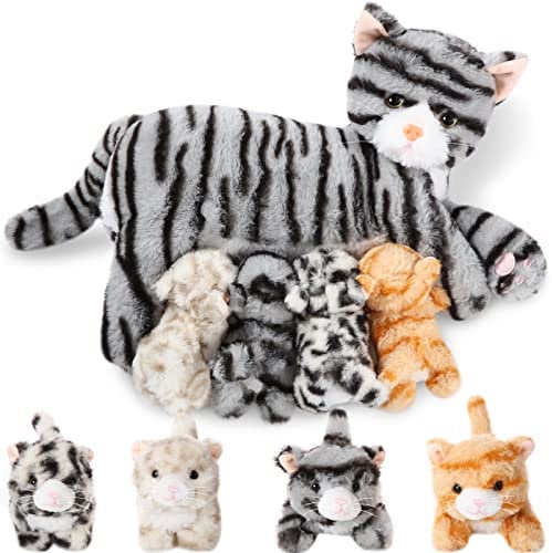 Skylety Pflegendes Katze Stofftier Mit Plüsch Kätzchen Kuscheltier Plushie Kätzchen Mama Katze Plueschtier mit 4 Baby Kuschelkatze für Geburtstag Spielzeug(Kuscheliger Stil)