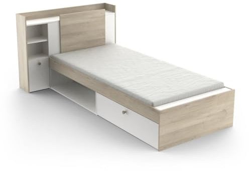Demeyere Lit Modulable 90 x 190/200 avec Rangement 1 Porte 3 Niches 1 tiroir – Blanc Mat & Chêne Clair -124,5 x 226,9 x 90,5 cm