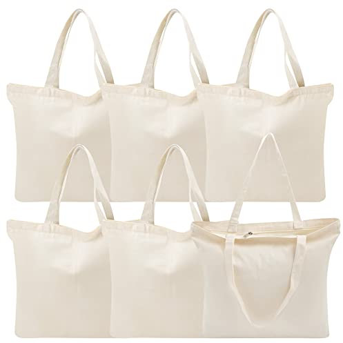 MSYU Paquete de 6 bolsas de lona con cremallera, 16 x 13.4 pulgadas, bolsas de comestibles reutilizables con cremallera, bolsas de compras resistentes, bricolaje en blanco para manualidades, beige