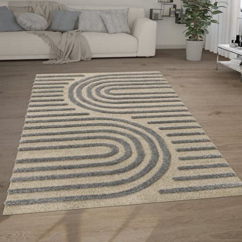 Paco Home Hochflor Teppich Wohnzimmer Shaggy 3D Optik Ethno Boho Vintage Look Weich, Grösse:60x100 cm, Farbe:Grau 4