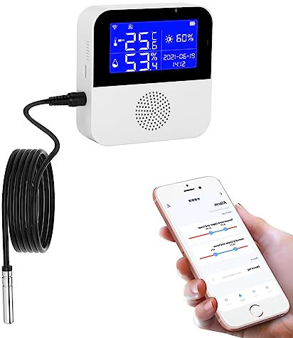 Capteur de température et d'humidité Wi-Fi - Contrôle par application - Capteur intelligent de température et d'humidité avec écran LCD étanche - Pour serres, aquariums et réfrigérateurs