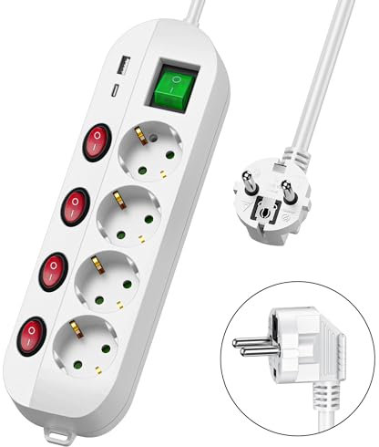Maiyle 4 Fach Steckerleiste, Steckdosenleiste Einzeln Schaltbar1 2m, Mehrfachsteckdose mit USB & USC, Kindersicherung Steckdose, Steckdosenleiste Wandmontage 45°Gedreht, Weiß