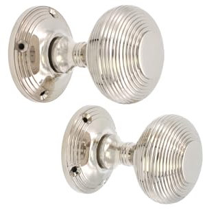 Infinity Decor Polished Nickel Victorian Beehive Mortice Door Knobs Pair 55mm - Solid Brass Round Pull Handles Set for Interior & Exterior Doors