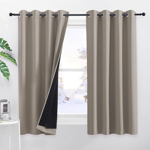 PONY DANCE Blickdichte Gardinen Wohnzimmer Kurz Ösenschal 2er Set H 145 x B 140 cm Doppellagige Verdunklungsvorhänge Schwerer Vorhang Hitzeschutz Thermovorhang mit Ösen, Sandfarben