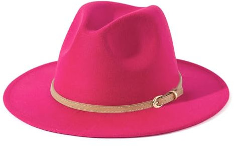 Bywenzai Männer Frauen Filz Top Hüte Fedora Panama Hüte Zylinder Mit Flacher Krempe Damen Französischer Filzhut Warmer Jazzhut Herren M (56-58Cm) Rosa Roter Hut + Heller Khakifarbener Gürtel