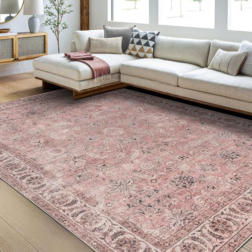 TALETA Vintage Teppich für Wohnzimmer, Waschbarer Blumenmuster-Carpet Boho, Weicher Kurzflor Area Rug für Schlafzimmer, Eisszimmer - Retro Rosa, Groß: 240 x 340 cm