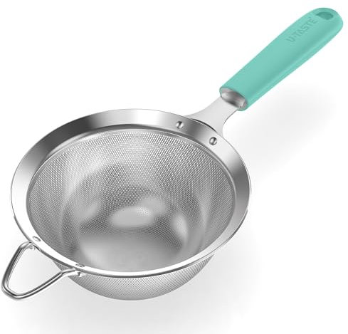 U-Taste Medium Fine Mesh Sieve: 18/8 Stainless Steel 12cm Kitchen Sieve and Strainer with Riveted Sturdy Silicone Handle, Great for Sifting Flour, Straining Tea, Rice, Quinoa (Aqua Sky)