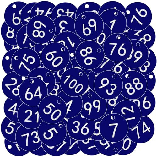 OFFCUP Gravierte Nummernschilder, 100 Stück Nummerierte Tags, Kunststoff Nummernschilder, Schlüsselanhänger Bienenstock-Etiketten mit Loch Viehbestand ID-Tags (Navy Blau Nummer 1-100)
