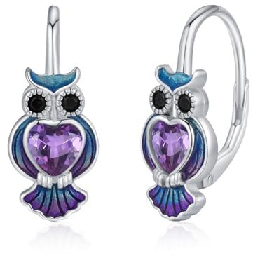Eulen Ohrstecker Mädchen 925 Sterling Silber Herz Lila Kristall Ohrringe für Damen Tier Schmuck Eulen Ohrschmuck Muttertags Weihnachten Geschenke Valentinstag für Kinder