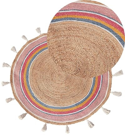 Beliani Teppich Jute beige rund 120 cm Kreise bunt Quasten Kurzflor handgewebt Zanavi