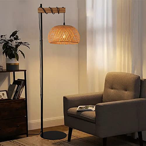 SUNLLOK Boho Rattan Floor Lamp for Living Room, Industrial Bamboo Lampshade Standing Lamp with Foot Switch, Modern Black Woven Tall Floor Light for Kitchen Island, Bedroom, Office (Bohemian)