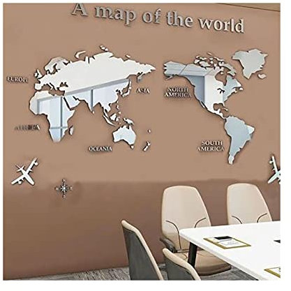 Mwrode Weltkarte-Wandspiegel-Aufkleber, 3D-Acryl-Wandaufkleber, DIY-Wandaufkleber, Weltkarte-Tapete Für Büro, Arbeitszimmer, Wohnzimmer, Schlafzimmer, Silber
