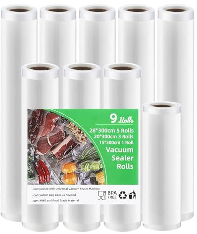 Tallgoo Vakuumierbeutel 9 Rollen Vakuumierfolie,Vakuumbeutel Lebensmittel,stark & reißfest,BPA-frei, einschweißfolie für vakuumierer für alle Vakuumierer,Kochfest und Sous Vide,15/20/28 x 300cm