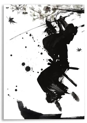 CoolChange Samurai Wandbild im japanischem Tuschmalerei Stil auf Hartschaumplatte | Poster 30x42cm | Motiv: Angriff