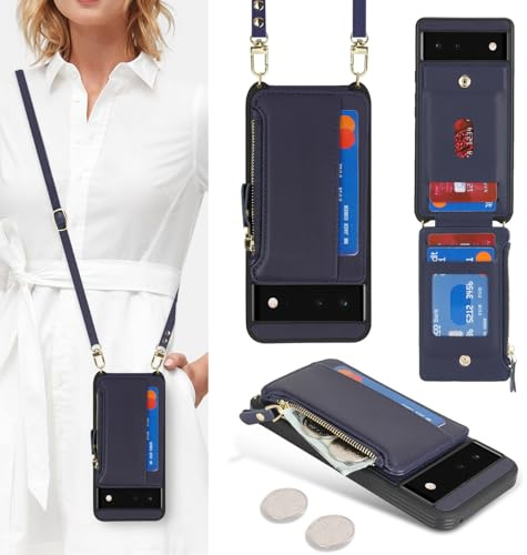 SailorTech Coque pour Google Pixel 6 Étui avec Porte-Cartes de crédit, Etui pour Google Pixel 6 Housse avec Courroie de Cou Portefeuille avec Fentes pour Cartes de crédit-Bleu