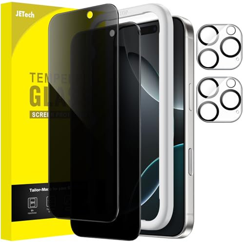 JETech Protector Pantalla de Privacidad para iPhone 16 Pro 6,3 Pulgadas con Protector de Lente Cámara, Antiespia Cristal Vidrio Templado, Marco de Instalación Fácil, 2 Paquetes Cada Uno