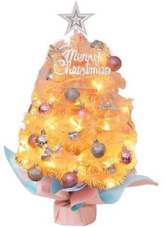 Pre-Lit Artificial Mini Christmas Tree with Lights, 45/60cm Tabletop Xmas Tree Small Christmas Tree Desktop Tabletop Christmas Tree for Christmas Holiday Party Decoration (Pink, 60cm)