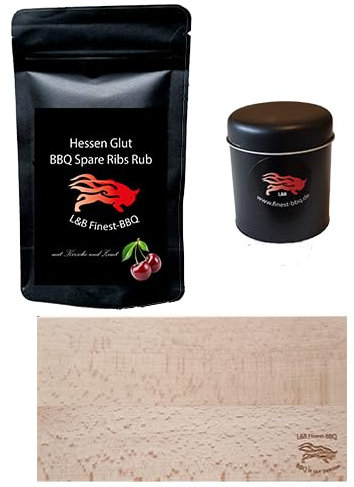 Hessen Glut BBQ Rub Set für Spare Ribs, leicht fruchtig mit Zimt, 1 Hand Snack Brettchen, 1 Gewürzstreuer - das perfekte Set für den BBQ Liebhaber, hochwertiger Grill-Gewürze mit dem extra Geschack