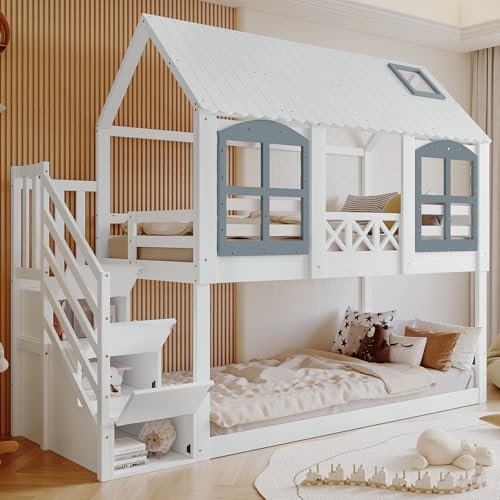 Dolamaní Hochbett Etagenbett 2 Kinder 90x200 cm mit Dach und 2 Wunderschöne Fenster, Hausbett Kinderbett mit Sicherheit Stauraum Treppe Rausfallschutz, Kiefer Holzbett (Weiß+Grau)