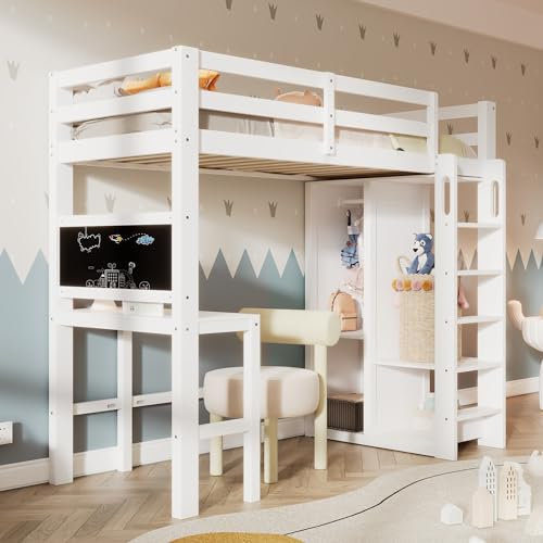 Gegtuon Kinderbett Etagenbett 90x200, Bett mit Kleiderschrank und Stauraum Regal, Hochbett Bettgestell mit Leiter und Tisch, Hausbett mit Lattenrost aus Holz Rausfallschutz, Weiß, ohne Matratze