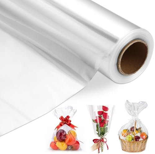 LEAZZLE 43CM x 30M Carta Trasparente per Confezioni,3 Mil Cellophane per Imballaggio, Carta Regalo Rotolo, Cellofan per Imballaggio per Fiori, Regali, Cesti, Imballaggi Artistici