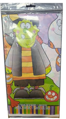 Trimming Shop Halloween Plastic Table Cover 54 in x 84 in | Fun Monsters & Pumpkins Design | Reusable & Wipe Clean Party Tablecloth for Spooky Theme Table Decoration