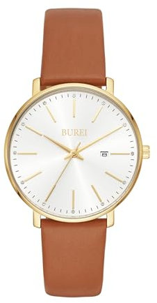 BUREI Frauen Uhren Mode Minimalistisch Analog Leder Quarz Wasserdicht Uhren für Frauen (Silber-goldbraunes Band)