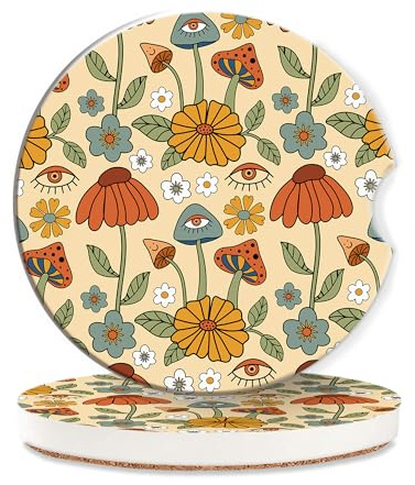 Vibiliyou Paquete de 2 posavasos retro de hongos para mujer, posavasos retro bohemios de cerámica absorbente con muesca para dedo y base de corcho, diseñados para portavasos, inserciones