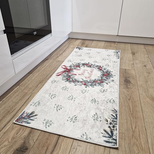 Mazovia Fußmatte Küche 50x120cm Weiß Ecru Weihnachten Stilvoll rutschfest | Fußabtreter für Eingangsbereich Badezimmer Schlafzimmer Maschinenwaschbar Kurzflor Wetterfest Pflegeleicht Tierfreundlich