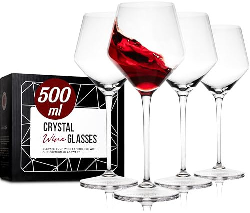 Gusto Nostro Set di 4 Calici Vino in Cristallo, 500 ml - Bicchieri Vino Rosso e Bianco a Stelo Lungo Moderni, Lavabili in Lavastoviglie, Eleganti e Raffinati - Per Matrimoni, Cene, Feste