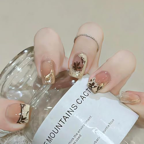 French Tip False Nails With Design, Leaf Floral Press on Nails Short Square Shape Rhinestone Full Cover Spring Fake Nails Press on, Natural Reusable Glue on Nails for Women in 24 Pcs