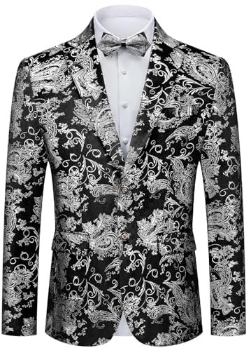Autsel Sakko Herren Pailletten Glitzer Party Blazer für Herren Slim Fit Hochzeit Smokingjacke Jacquard Anzugjacke Casual Silber XXL