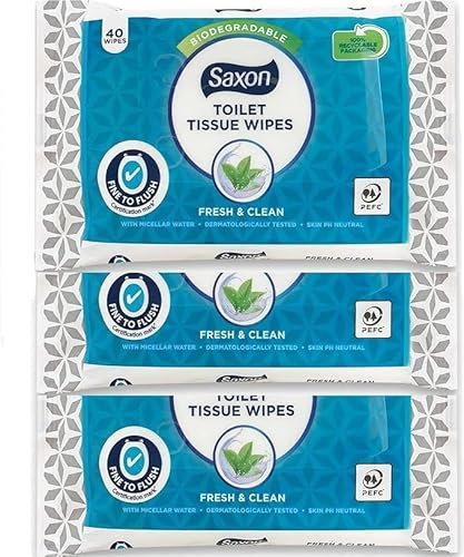 Saxon | Toilet Tissue Wipes - Fresh and Clean with Micellar Water - Fine To Flush | 40 Wipes Per Pack (3 Pack) (Normal)
